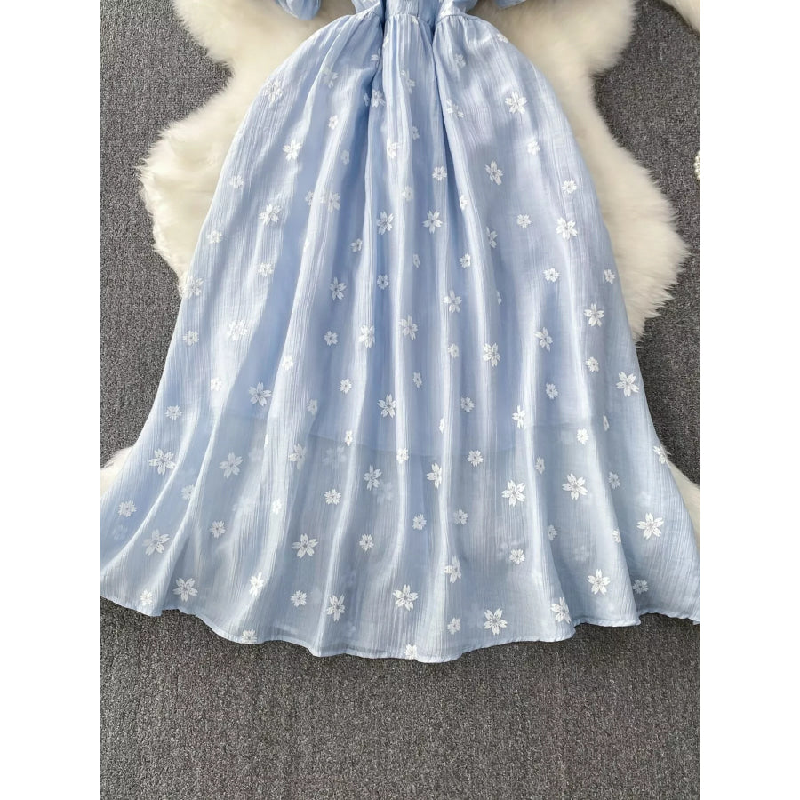Floral Puff Sleeve A-Line Midi Dress Apparel and Accessories