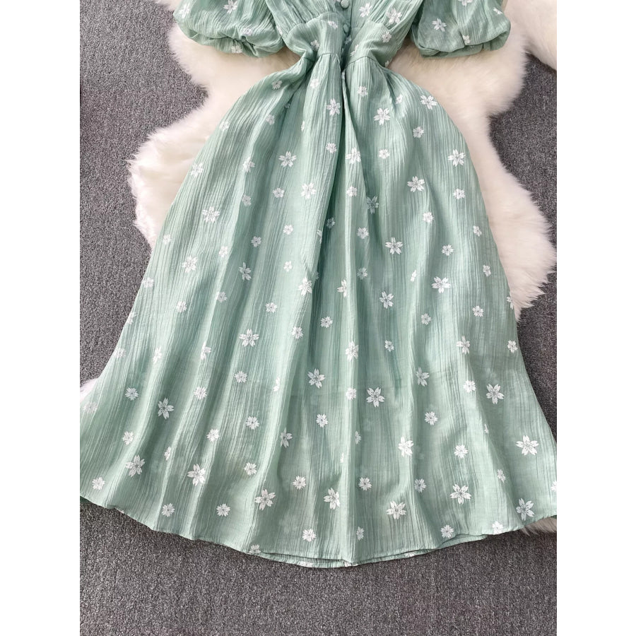 Floral Puff Sleeve A-Line Midi Dress Apparel and Accessories