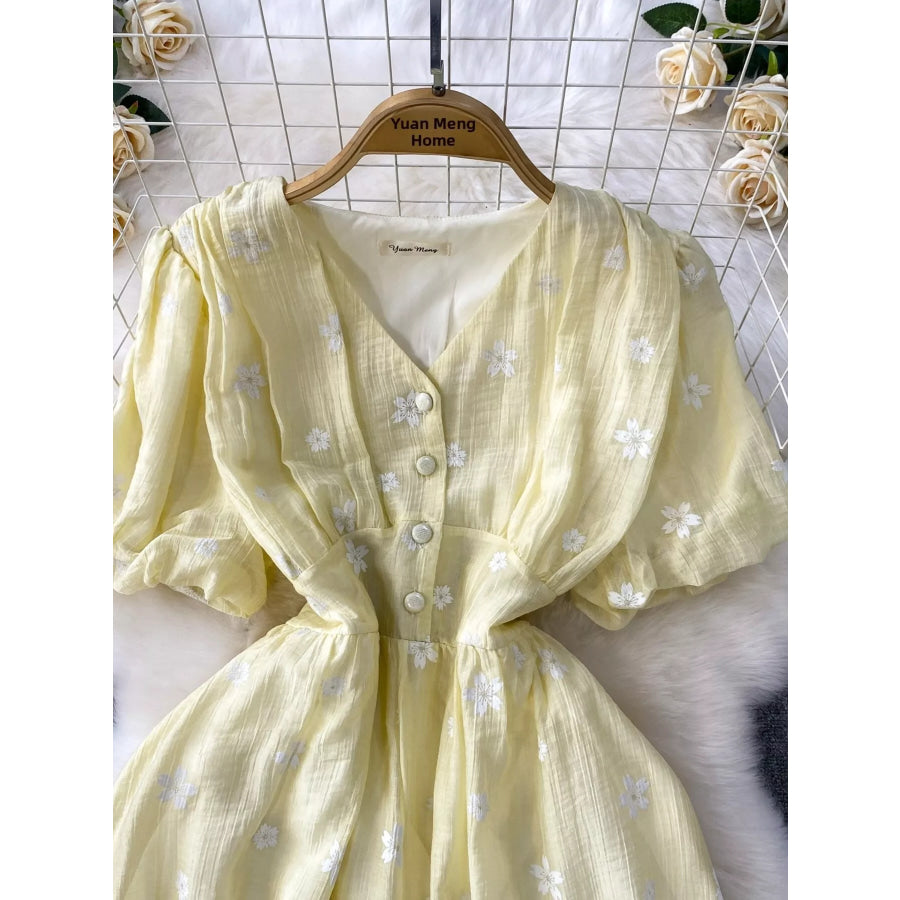 Floral Puff Sleeve A-Line Midi Dress Apparel and Accessories
