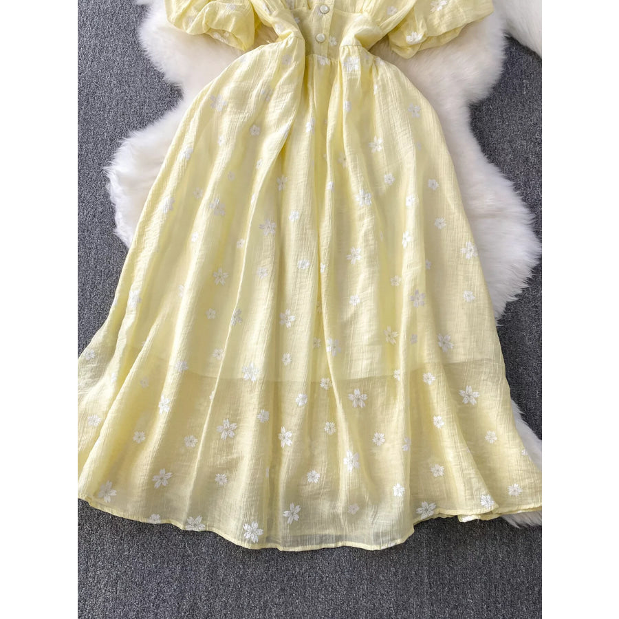 Floral Puff Sleeve A-Line Midi Dress Apparel and Accessories