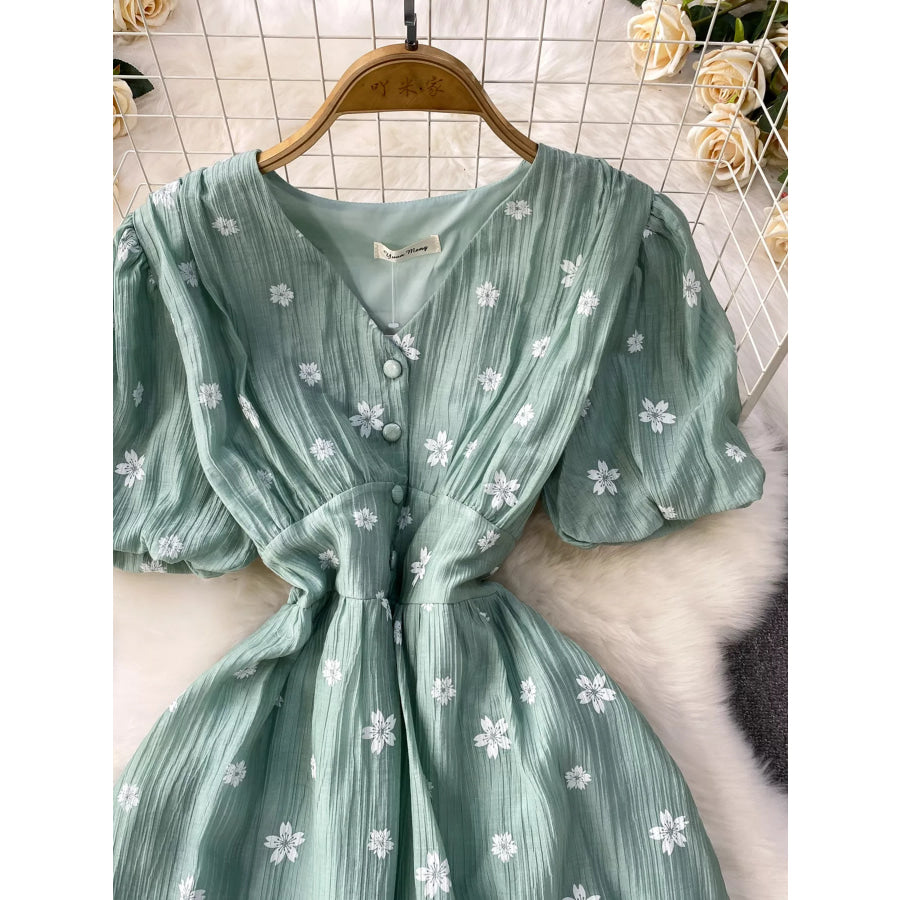 Floral Puff Sleeve A-Line Midi Dress Apparel and Accessories