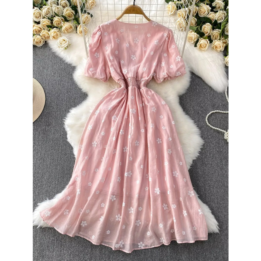 Floral Puff Sleeve A-Line Midi Dress Apparel and Accessories
