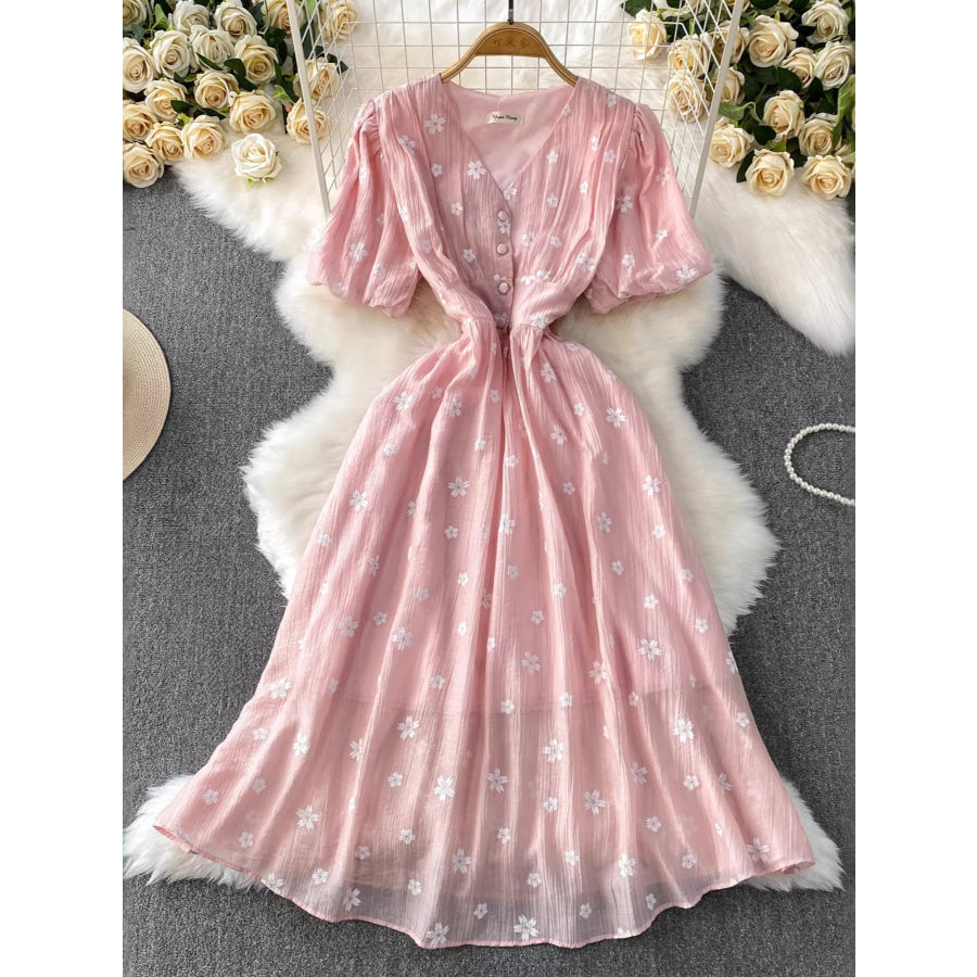 Floral Puff Sleeve A-Line Midi Dress Dusty Pink / One Size Apparel and Accessories