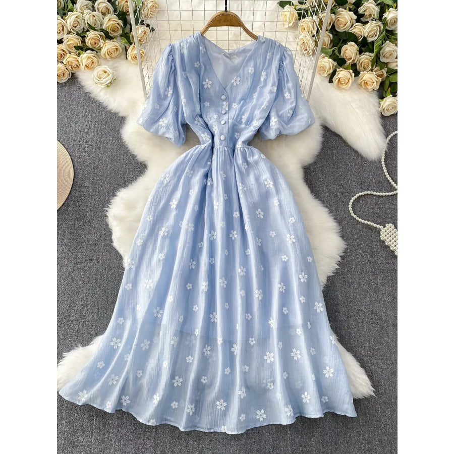 Floral Puff Sleeve A-Line Midi Dress Light Blue / One Size Apparel and Accessories