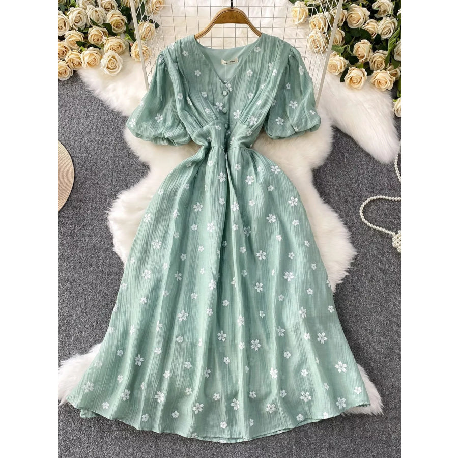 Floral Puff Sleeve A-Line Midi Dress Light Green / One Size Apparel and Accessories