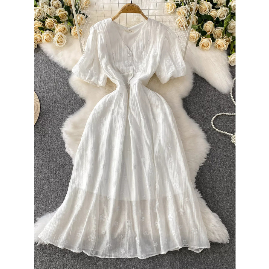 Floral Puff Sleeve A-Line Midi Dress White / One Size Apparel and Accessories