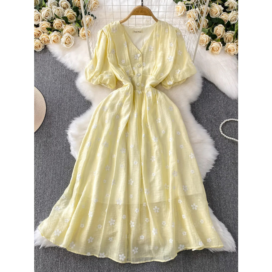 Floral Puff Sleeve A-Line Midi Dress Yellow / One Size Apparel and Accessories