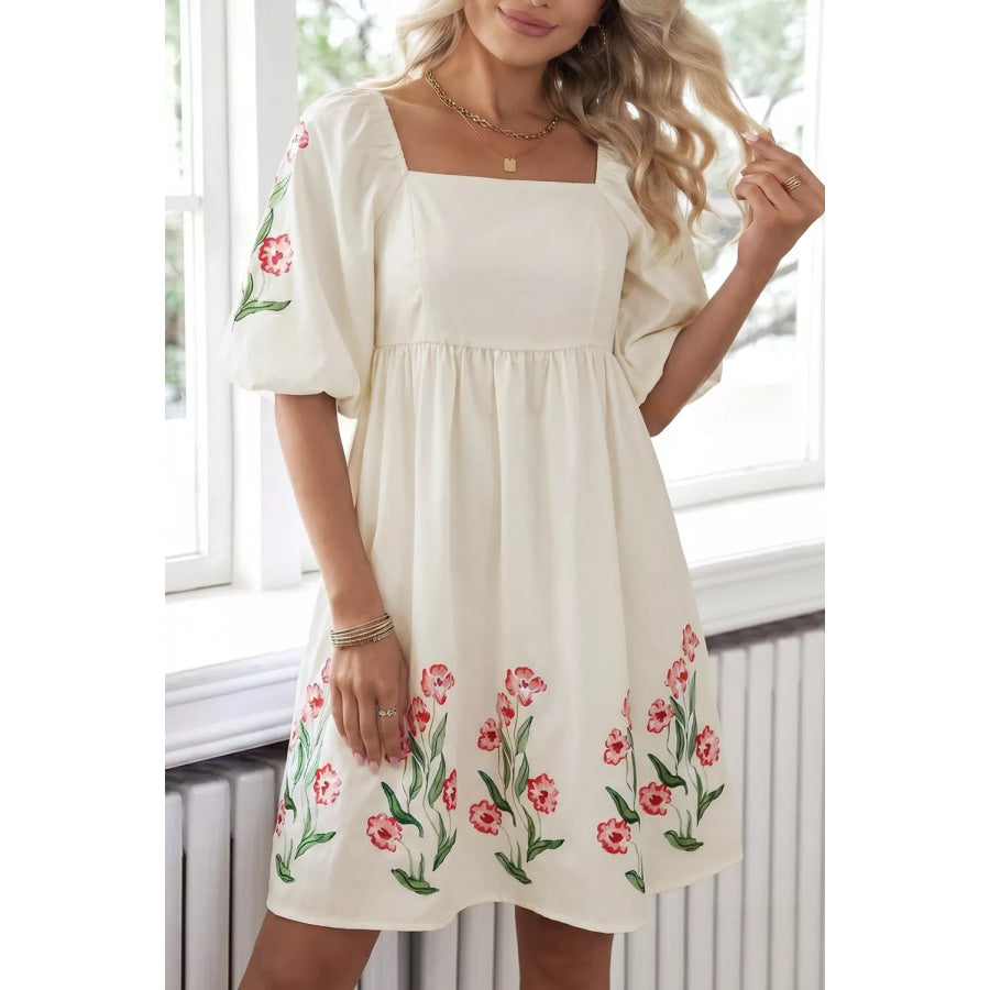 Floral Puff Sleeve Babydoll Dress Apparel and Accessories