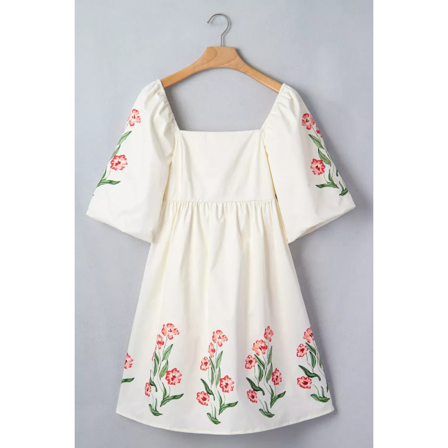 Floral Puff Sleeve Babydoll Dress Apparel and Accessories
