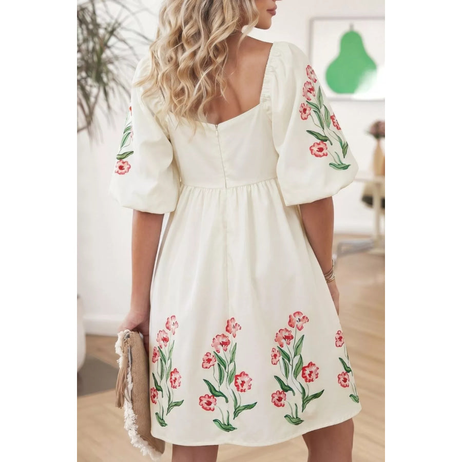 Floral Puff Sleeve Babydoll Dress White / S Apparel and Accessories