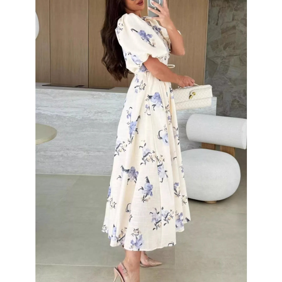 Floral Puff Sleeve Midi Dress Apparel and Accessories