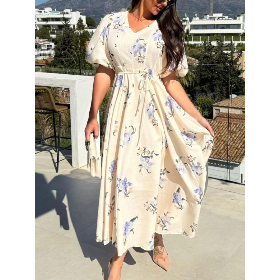 Floral Puff Sleeve Midi Dress Apparel and Accessories