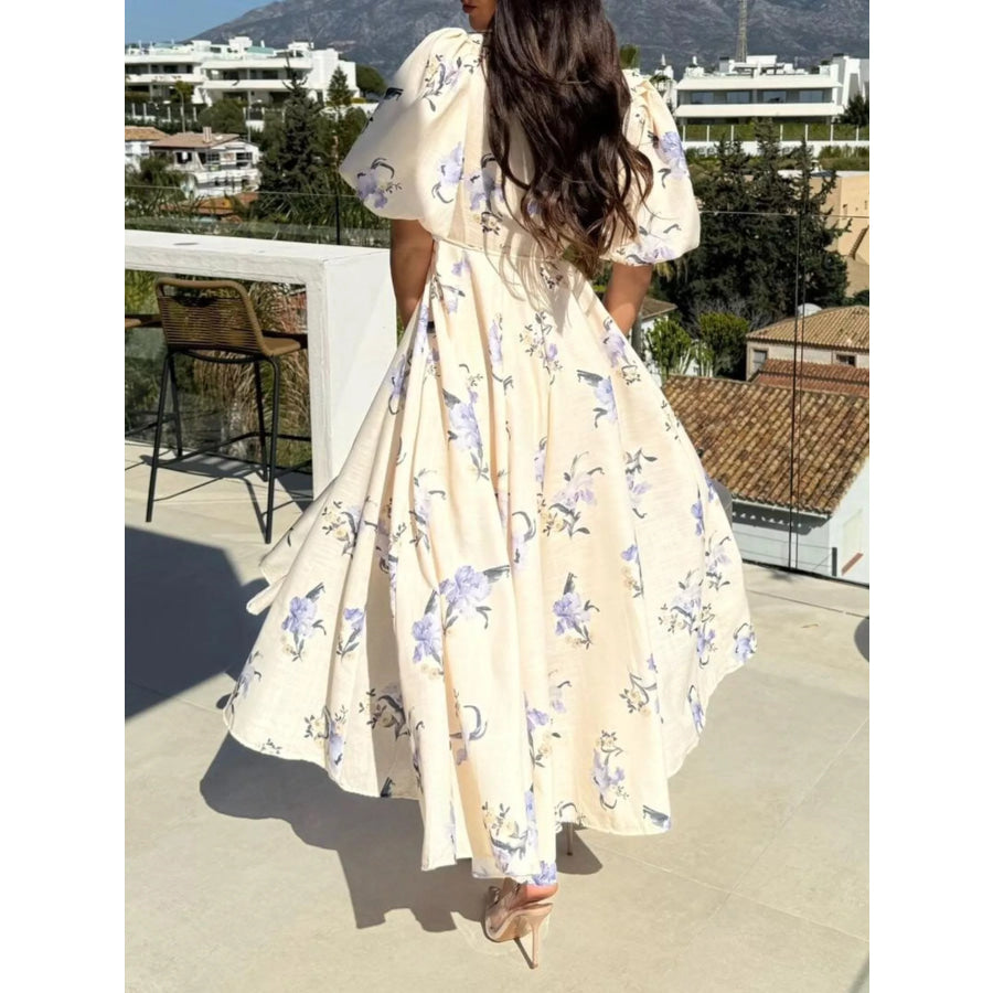 Floral Puff Sleeve Midi Dress Apparel and Accessories