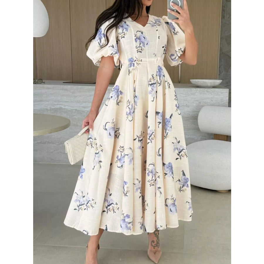 Floral Puff Sleeve Midi Dress Tan / S Apparel and Accessories