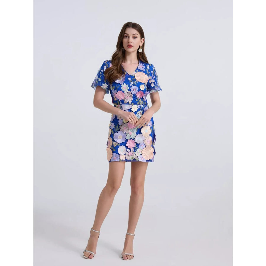 Floral Puff Sleeve Mini Dress Apparel and Accessories