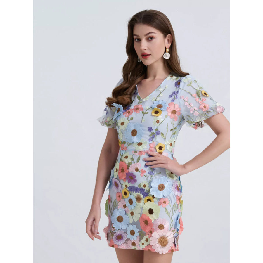 Floral Puff Sleeve Mini Dress Apparel and Accessories