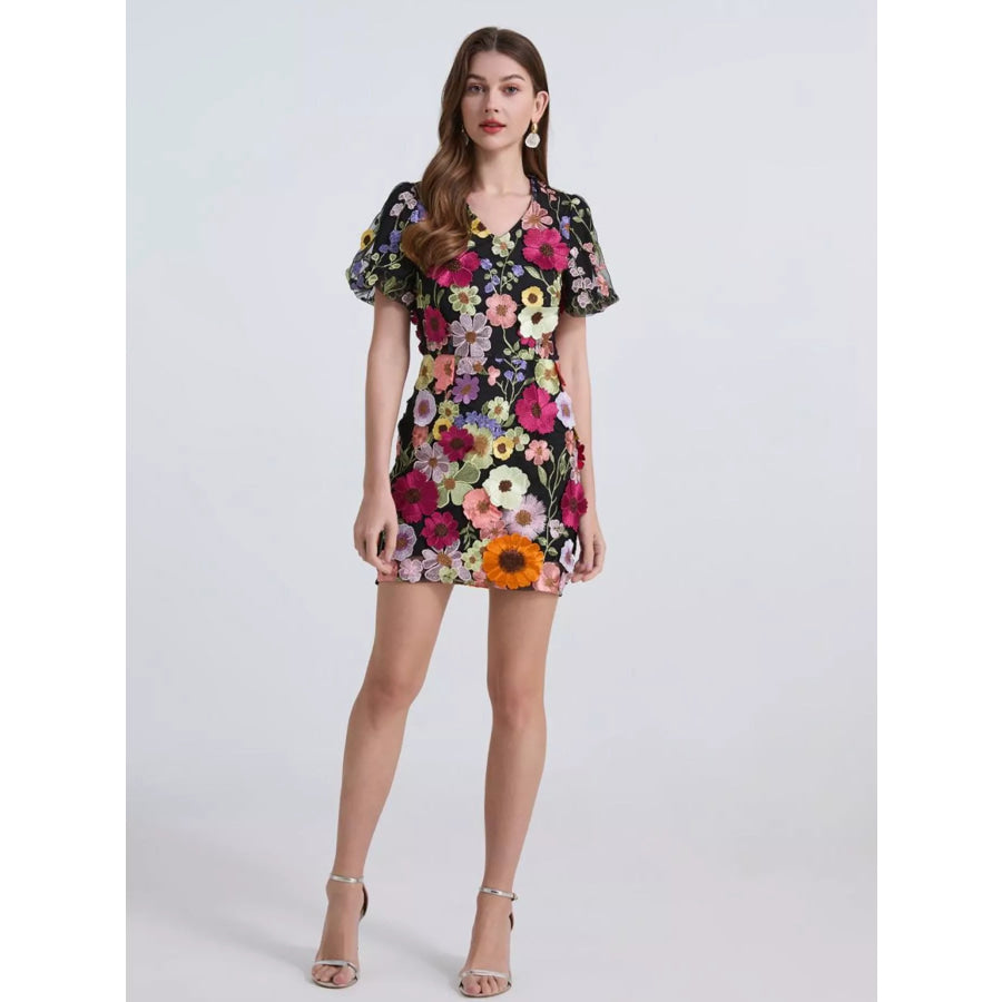 Floral Puff Sleeve Mini Dress Apparel and Accessories