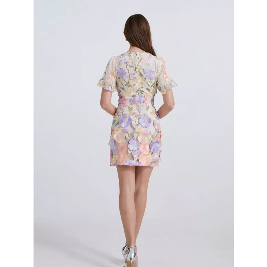 Floral Puff Sleeve Mini Dress Apparel and Accessories