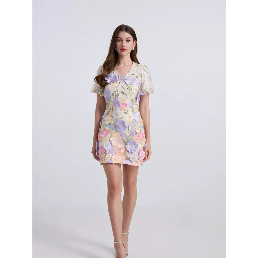 Floral Puff Sleeve Mini Dress Apparel and Accessories