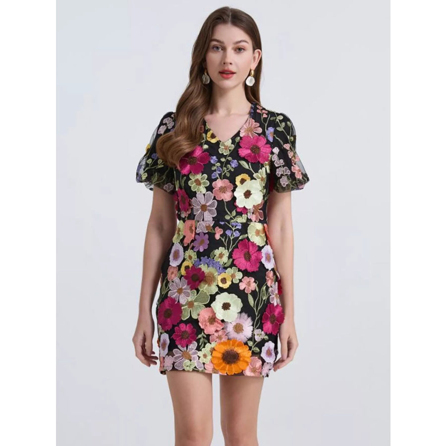 Floral Puff Sleeve Mini Dress Black Red Flower / S Apparel and Accessories