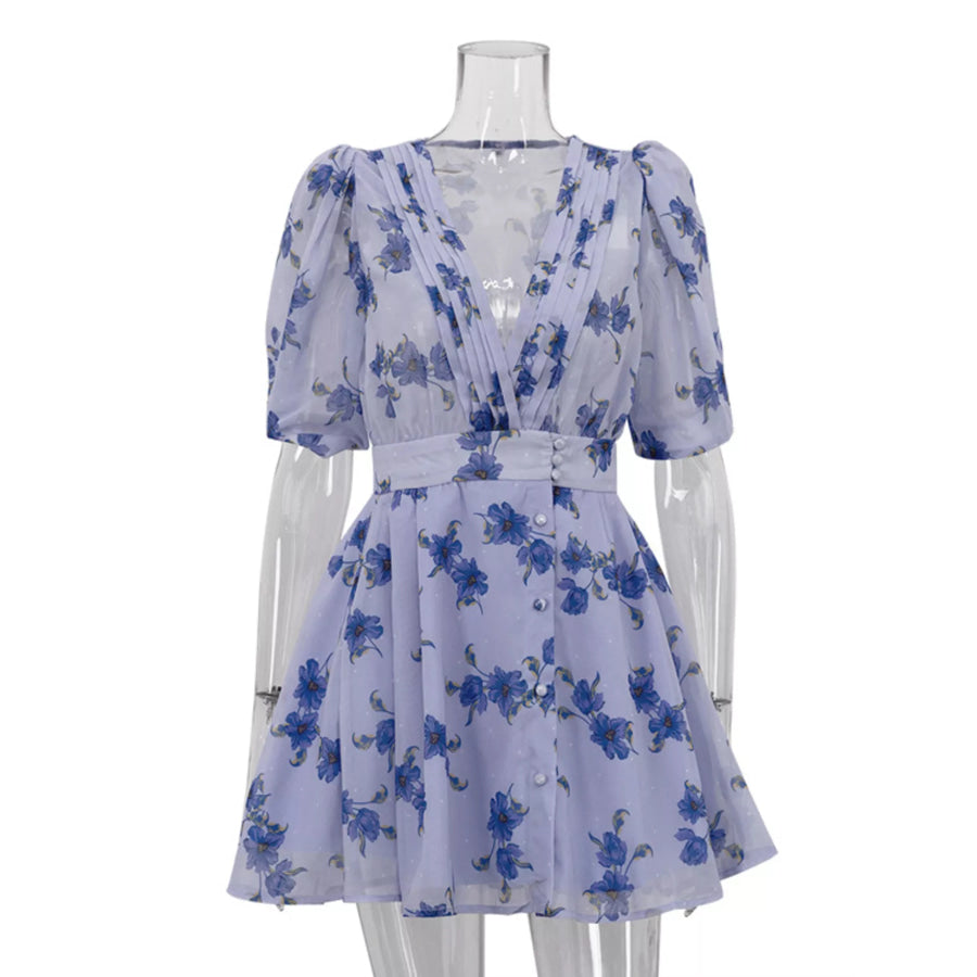 Floral Puff Sleeve Mini Dress Apparel and Accessories