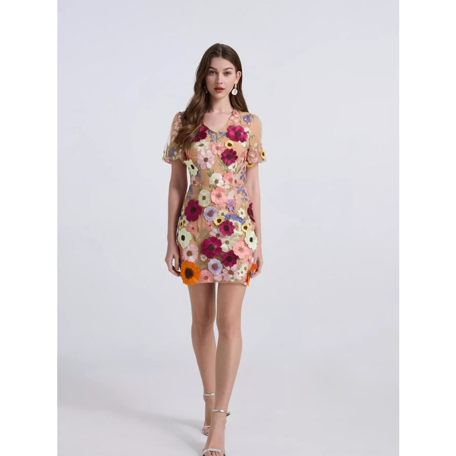 Floral Puff Sleeve Mini Dress Apparel and Accessories