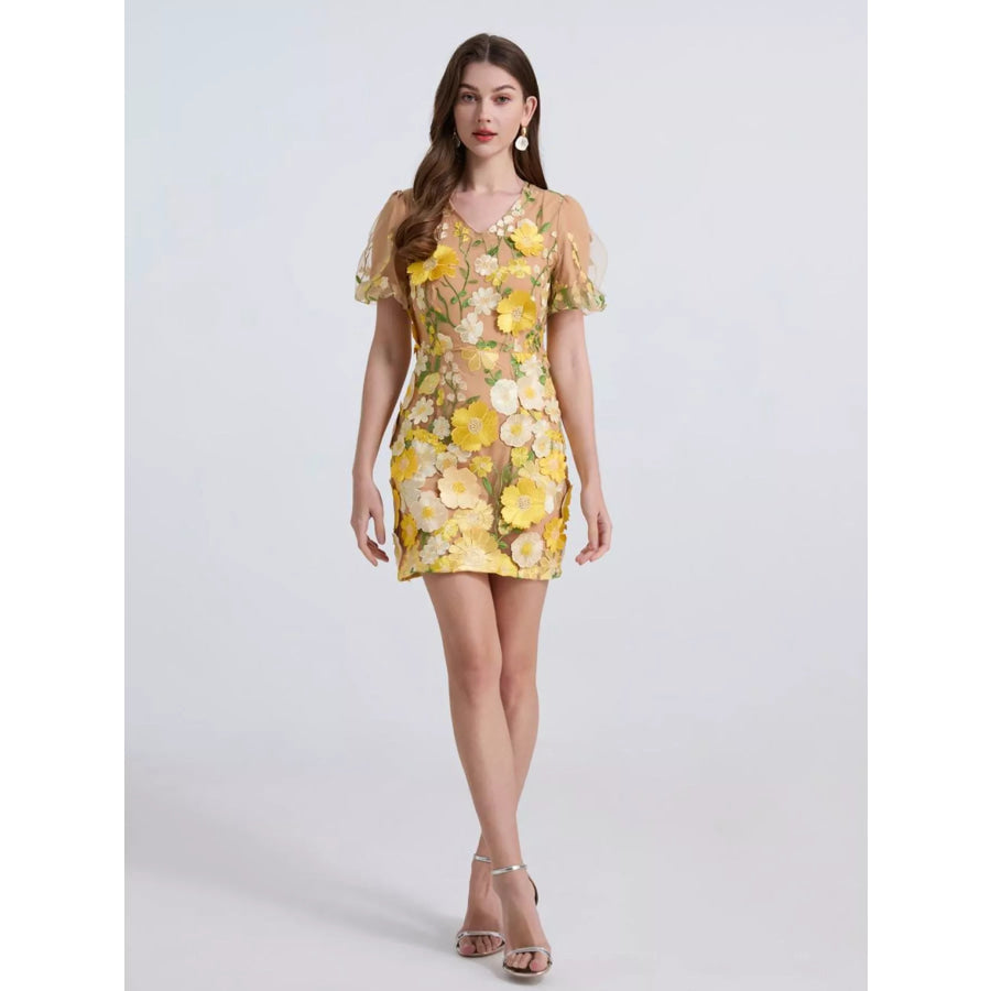 Floral Puff Sleeve Mini Dress Apparel and Accessories