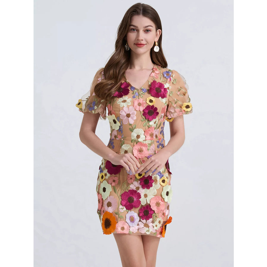 Floral Puff Sleeve Mini Dress Apricot / S Apparel and Accessories