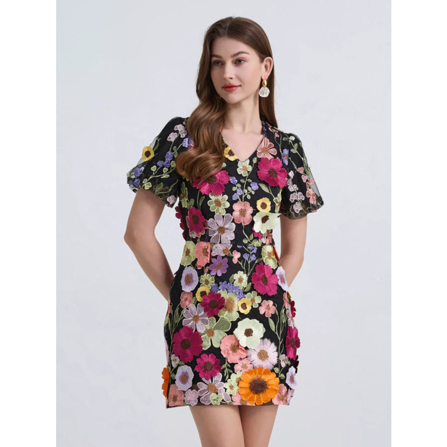 Floral Puff Sleeve Mini Dress Black Red Flower / S Apparel and Accessories