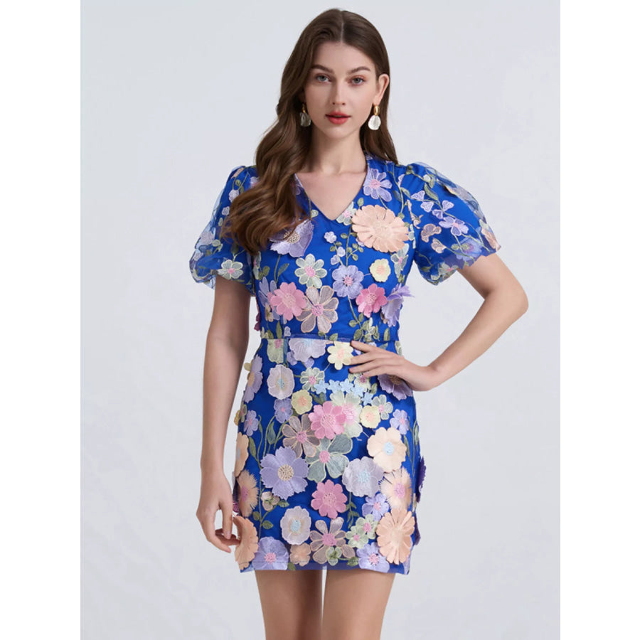 Floral Puff Sleeve Mini Dress Royal Blue / S Apparel and Accessories