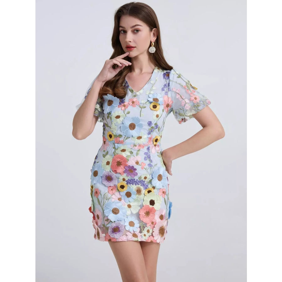 Floral Puff Sleeve Mini Dress Sky Blue / S Apparel and Accessories