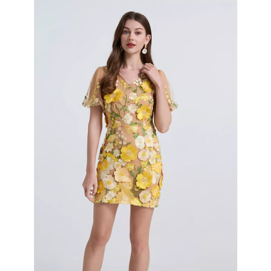 Floral Puff Sleeve Mini Dress Yellow / S Apparel and Accessories