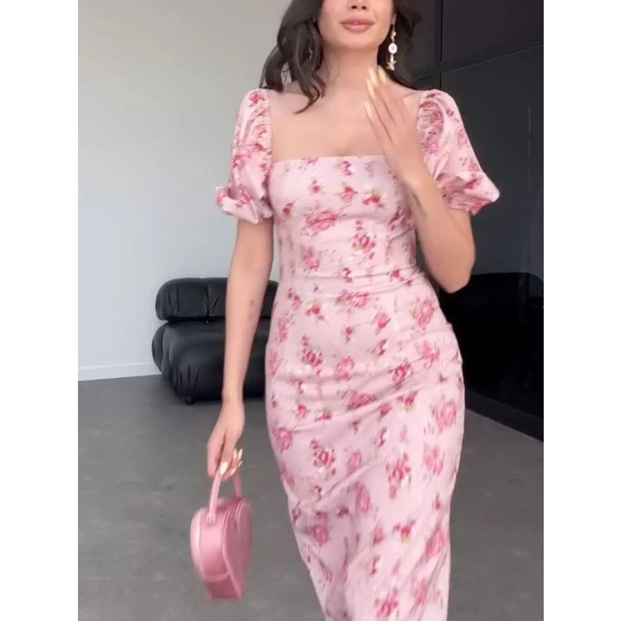 Floral Puff Sleeve Ruched Midi Dress Apparel and Accessories