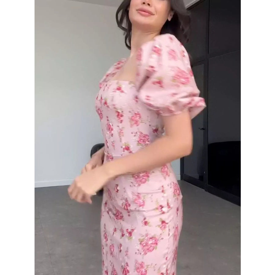 Floral Puff Sleeve Ruched Midi Dress Apparel and Accessories