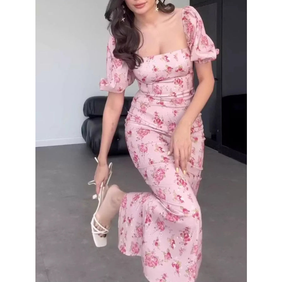 Floral Puff Sleeve Ruched Midi Dress Dusty Pink / XS Apparel and Accessories