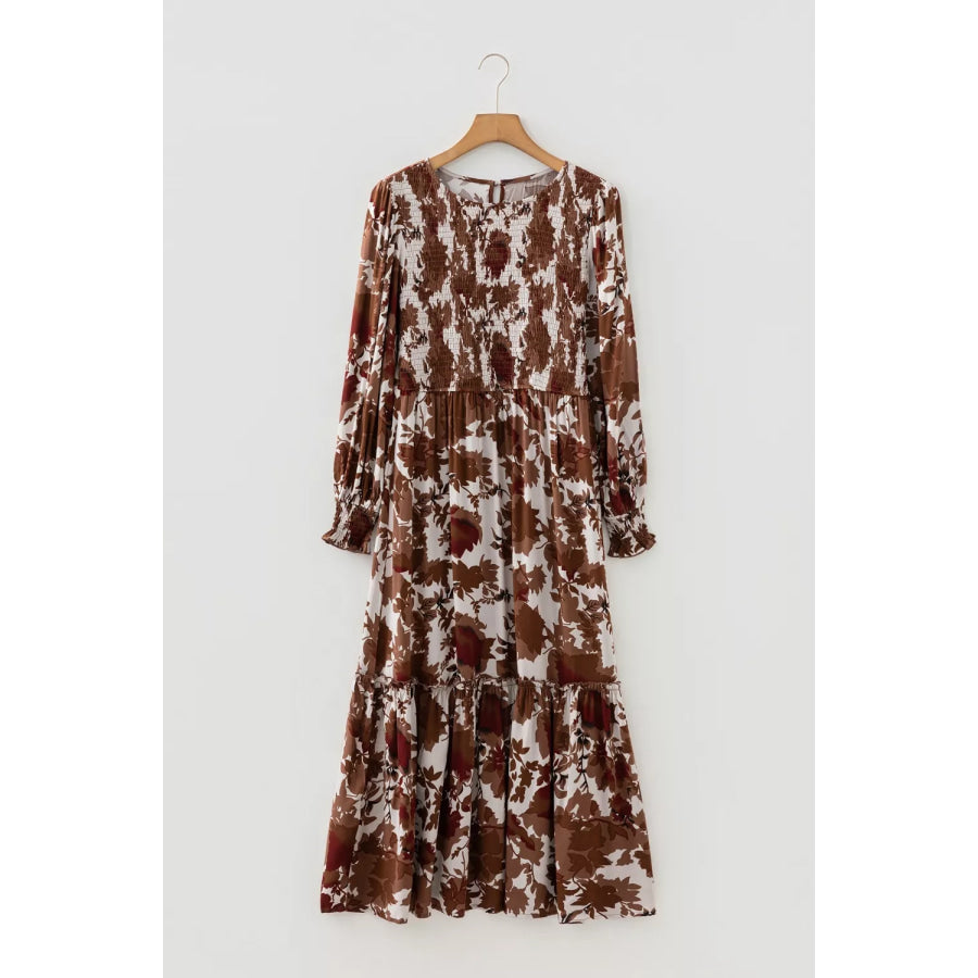 Floral Puff Sleeve Smocked Bodice Ruffled Maxi Dress Apparel and Accessories