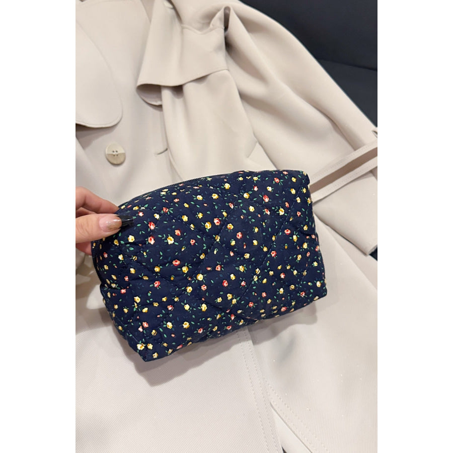 Floral Quilted Clutch with Plaid Lining Dark Navy / One Size Apparel and Accessories