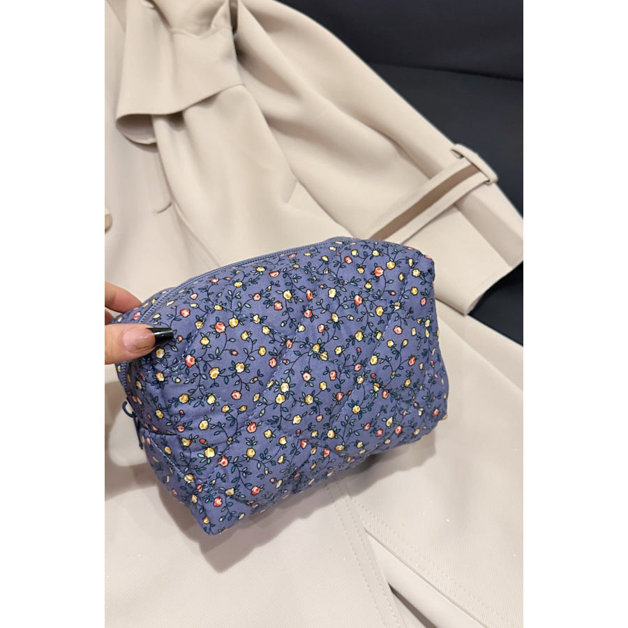 Floral Quilted Clutch with Plaid Lining Dusty Blue / One Size Apparel and Accessories