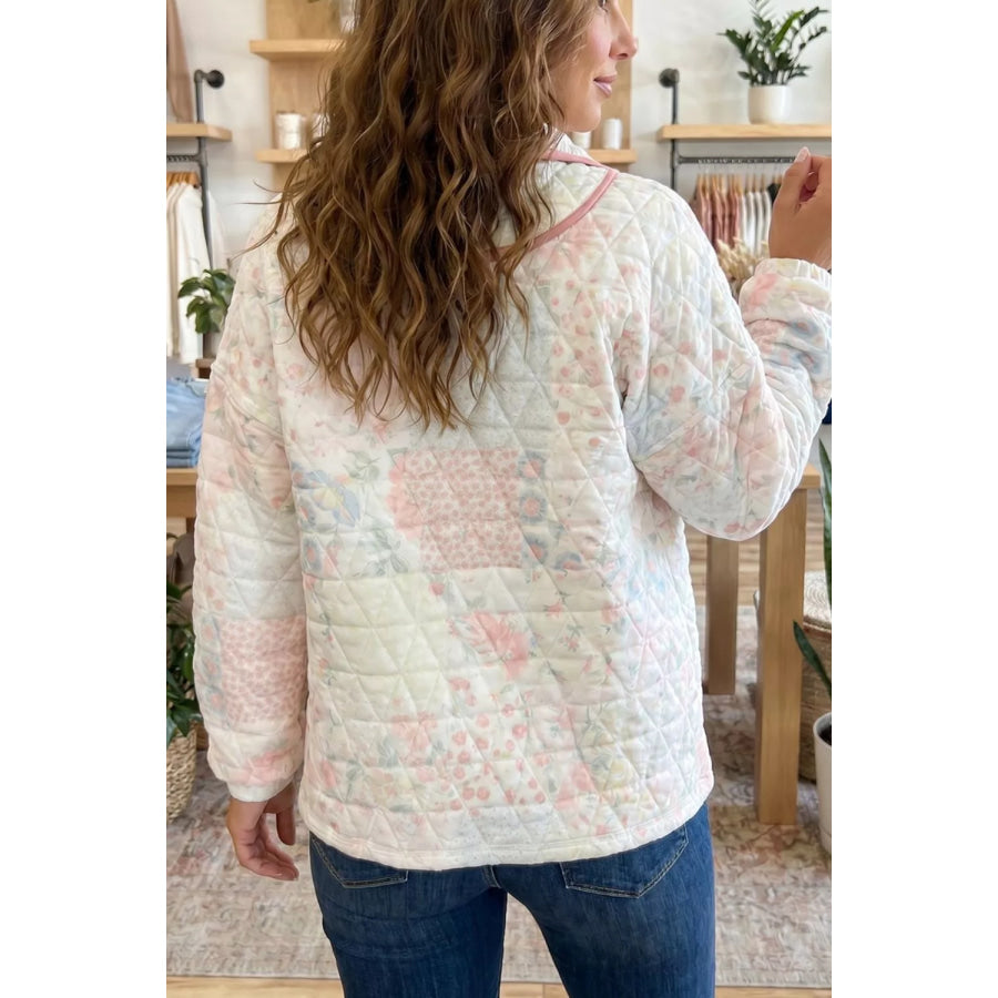 Floral Quilted Half Button Pocketed Pullover Sweatshirt Apparel and Accessories