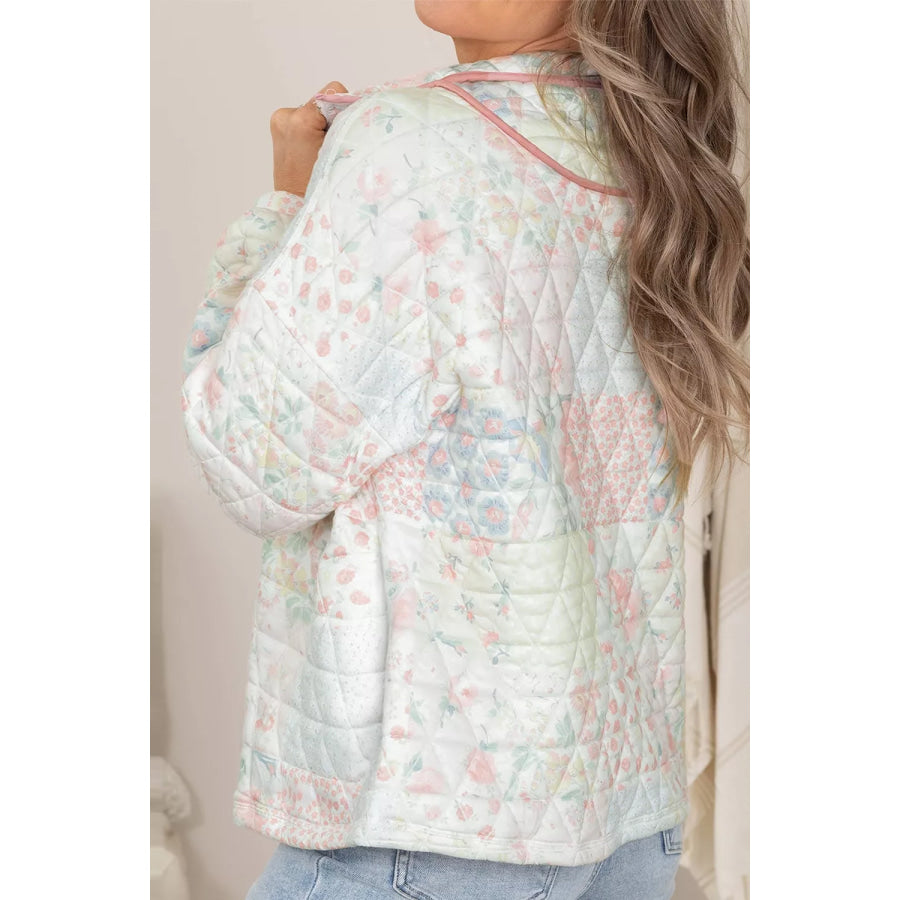 Floral Quilted Half Button Pocketed Pullover Sweatshirt Apparel and Accessories