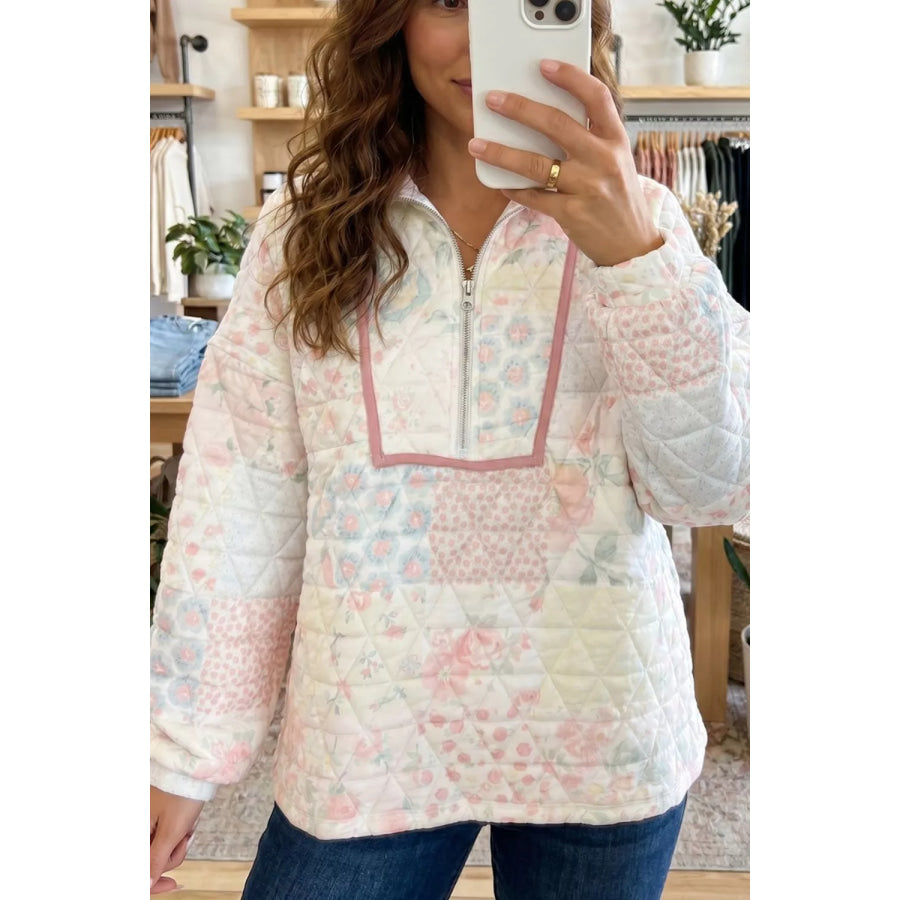 Floral Quilted Half Button Pocketed Pullover Sweatshirt Apparel and Accessories