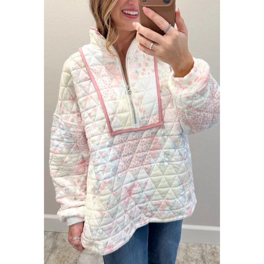 Floral Quilted Half Button Pocketed Pullover Sweatshirt Dusty Pink / S Apparel and Accessories
