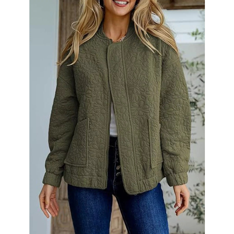 Floral Quilted Zip Up Jacket Military Green / S Apparel and Accessories