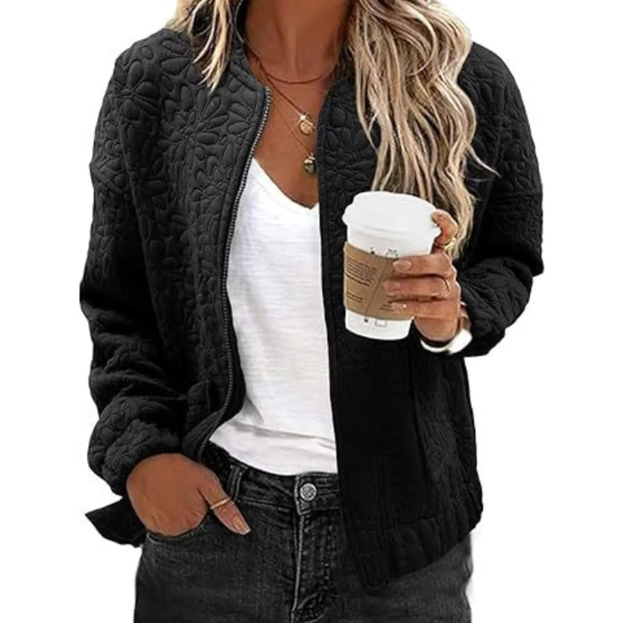 Floral Quilted Zip Up Jacket Black / S Apparel and Accessories