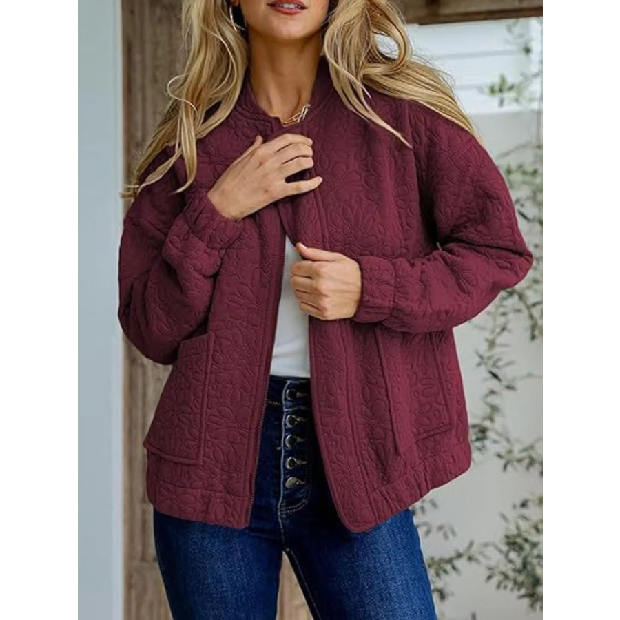 Floral Quilted Zip Up Jacket Burgundy / S Apparel and Accessories