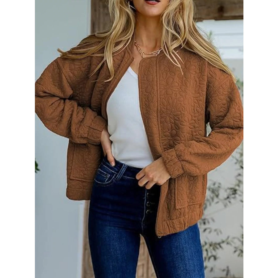 Floral Quilted Zip Up Jacket Caramel / S Apparel and Accessories