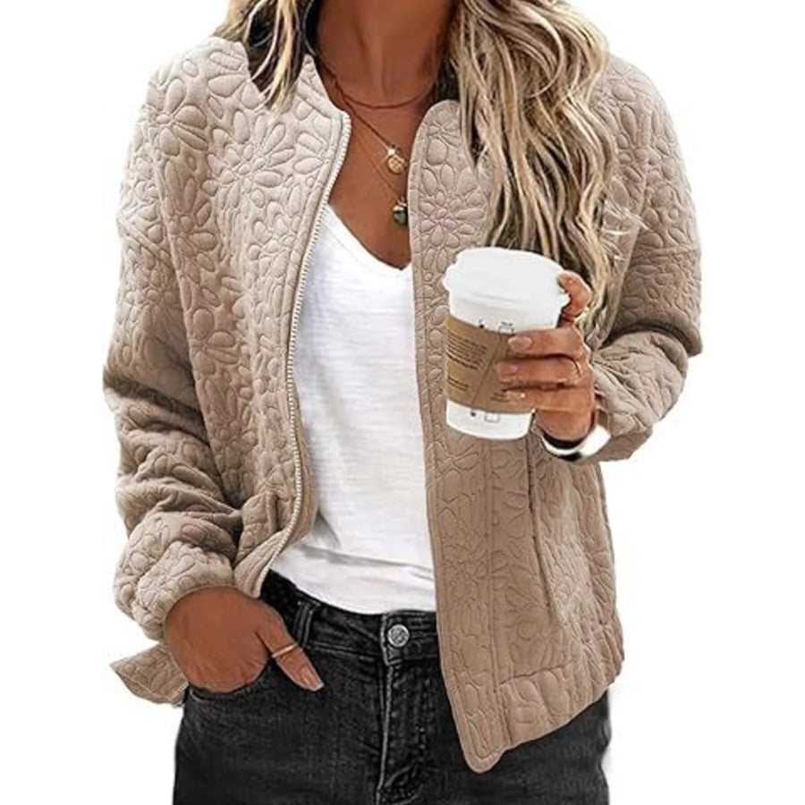 Floral Quilted Zip Up Jacket Khaki / S Apparel and Accessories