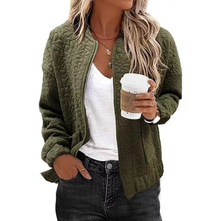 Floral Quilted Zip Up Jacket Military Green / S Apparel and Accessories