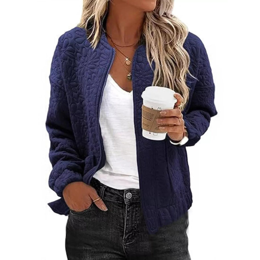 Floral Quilted Zip Up Jacket Navy Blue / S Apparel and Accessories