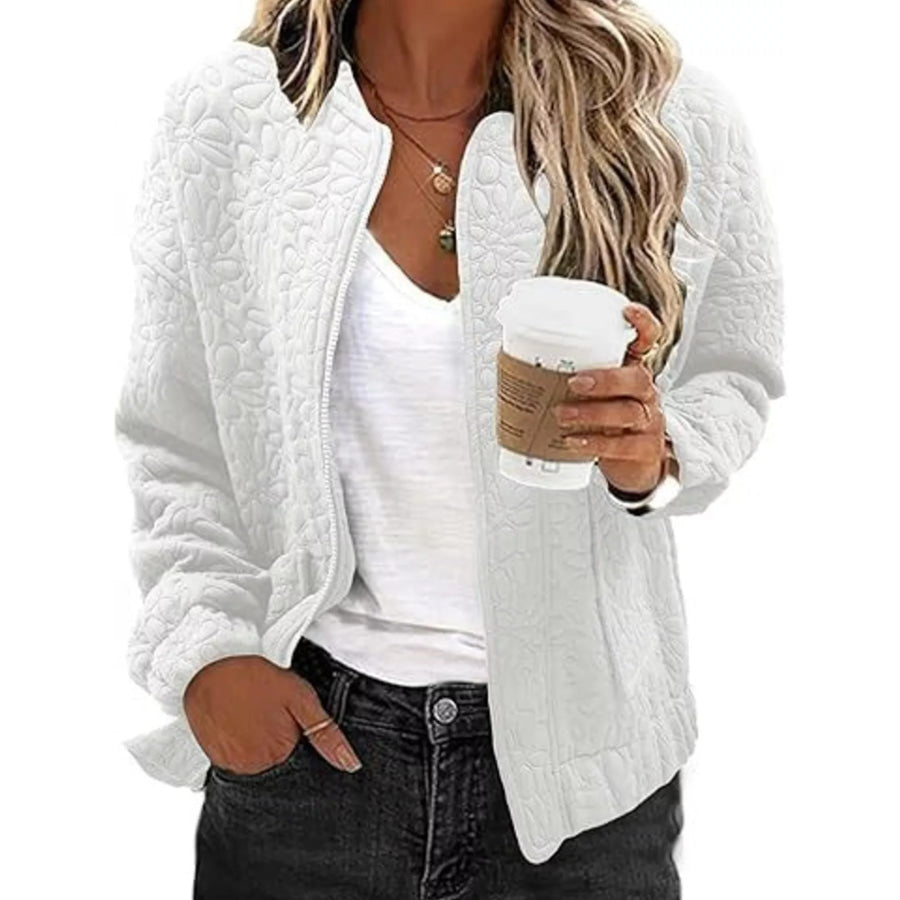 Floral Quilted Zip Up Jacket White / S Apparel and Accessories